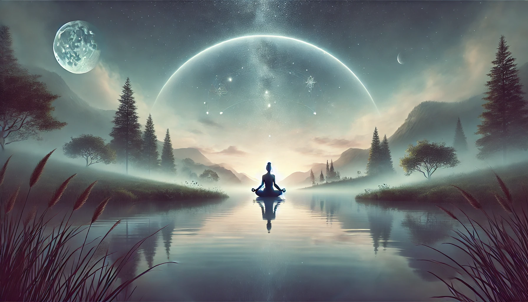 A serene landscape with a meditative figure in nature, surrounded by trees, a calm river, and distant mountains, with cosmic elements like stars and constellations above, symbolizing Body-Mind-Spirit connection and universal alignment by Philen Naidu.