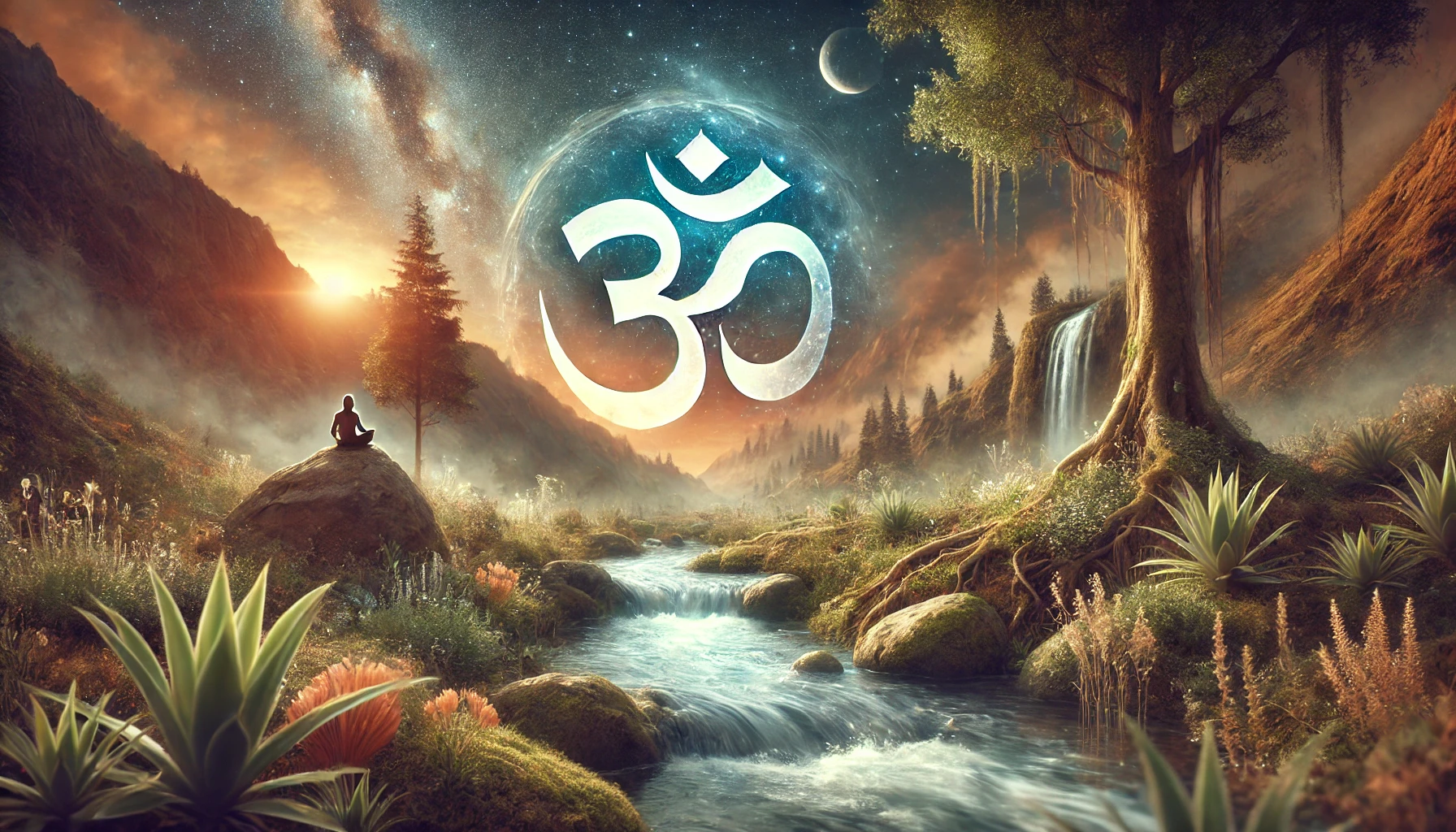 A serene landscape with natural and cosmic elements, centered around an Om symbol blending harmoniously into the scenery. This image symbolizes holistic wellness, Body-Mind-Spirit alignment, and a connection with nature and the cosmos. AI generated for Philen Naidu