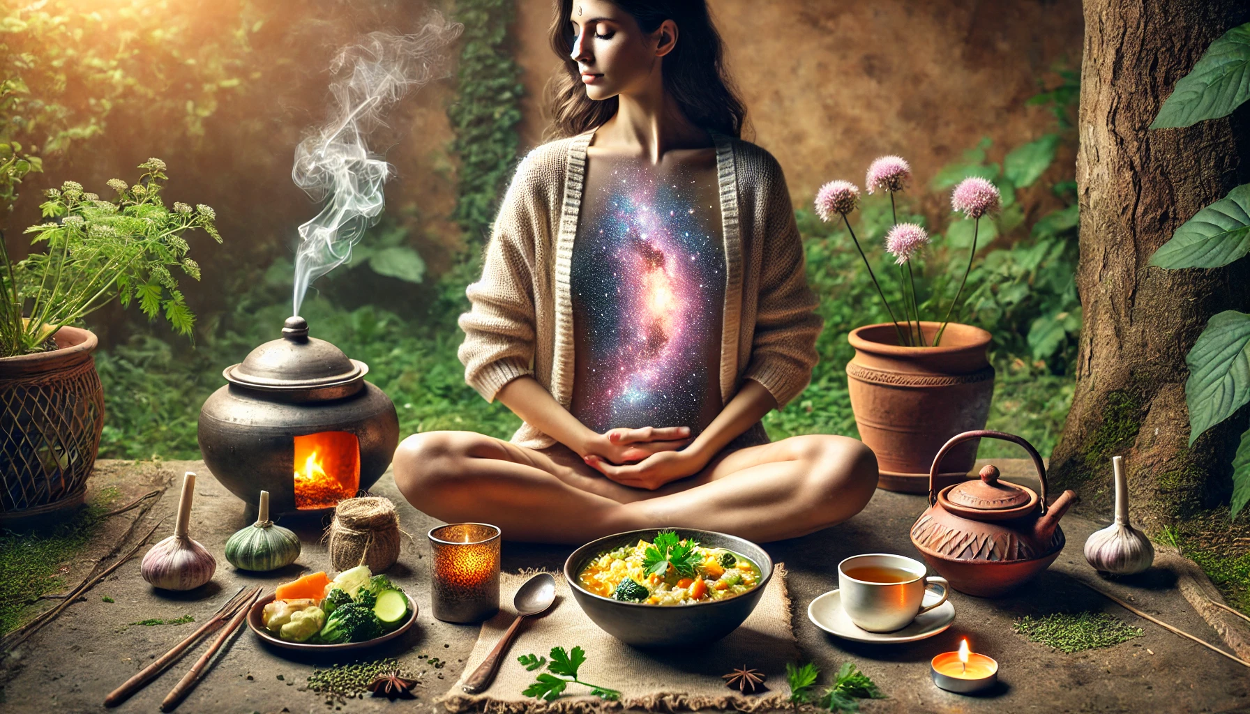 A peaceful woman seated outdoors with a glowing Milky Way galaxy visualized in her gut, symbolizing cosmic alignment and holistic wellness. She sits among Ayurvedic elements, including a bowl of Kitchari, herbal tea, burning incense, and a candle, surrounded by earthy tones and greenery.