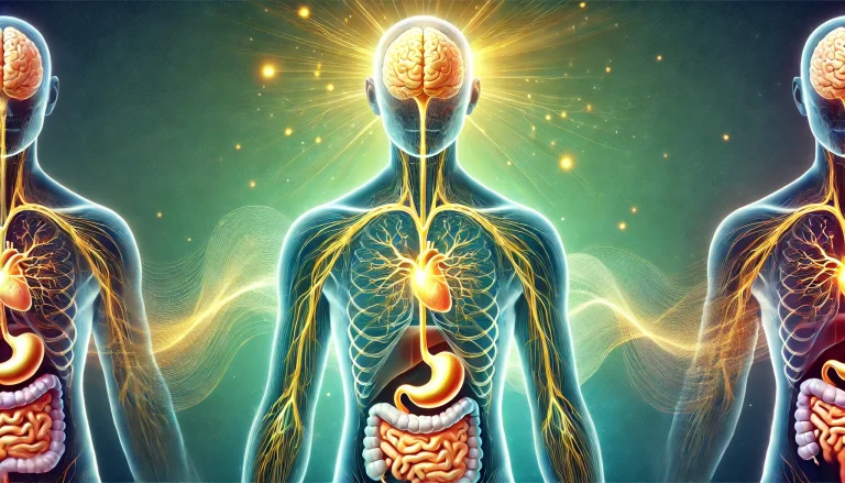 An AI generated medical-style illustration of the vagus nerve as a golden pathway connecting the brain, heart, and stomach, set against a calming gradient background of green to blue, symbolizing the gut-brain connection and holistic wellness.