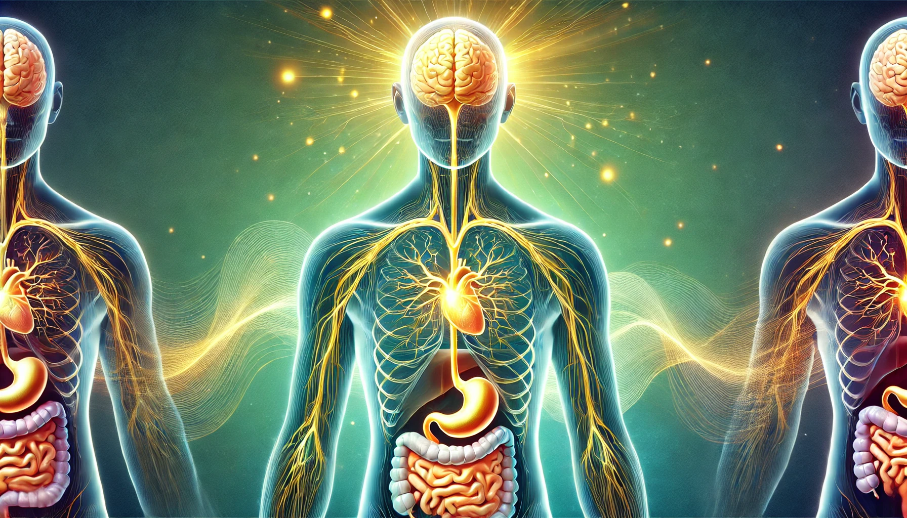 An accurate medical-style illustration of the vagus nerve as a golden pathway connecting the brain, heart, and stomach, set against a calming gradient background of green to blue, symbolizing the gut-brain connection and holistic wellness.