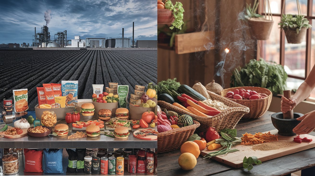 A split image showing a journey from food disconnection to connection. On the left, an industrial setting with packaged foods and cool lighting symbolizes disconnection. On the right, a nature-inspired kitchen with fresh, whole foods, warm lighting, and traditional preparation tools represents connection. 