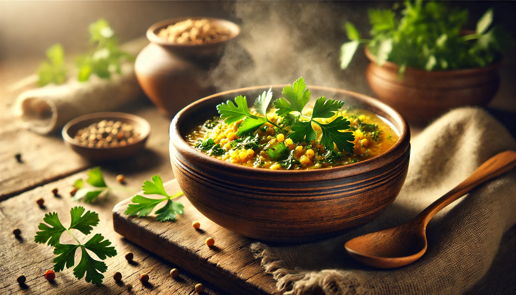 A close-up of a rustic bowl filled with kitchari or a seasonal stew, garnished with fresh herbs, placed on a wooden table.