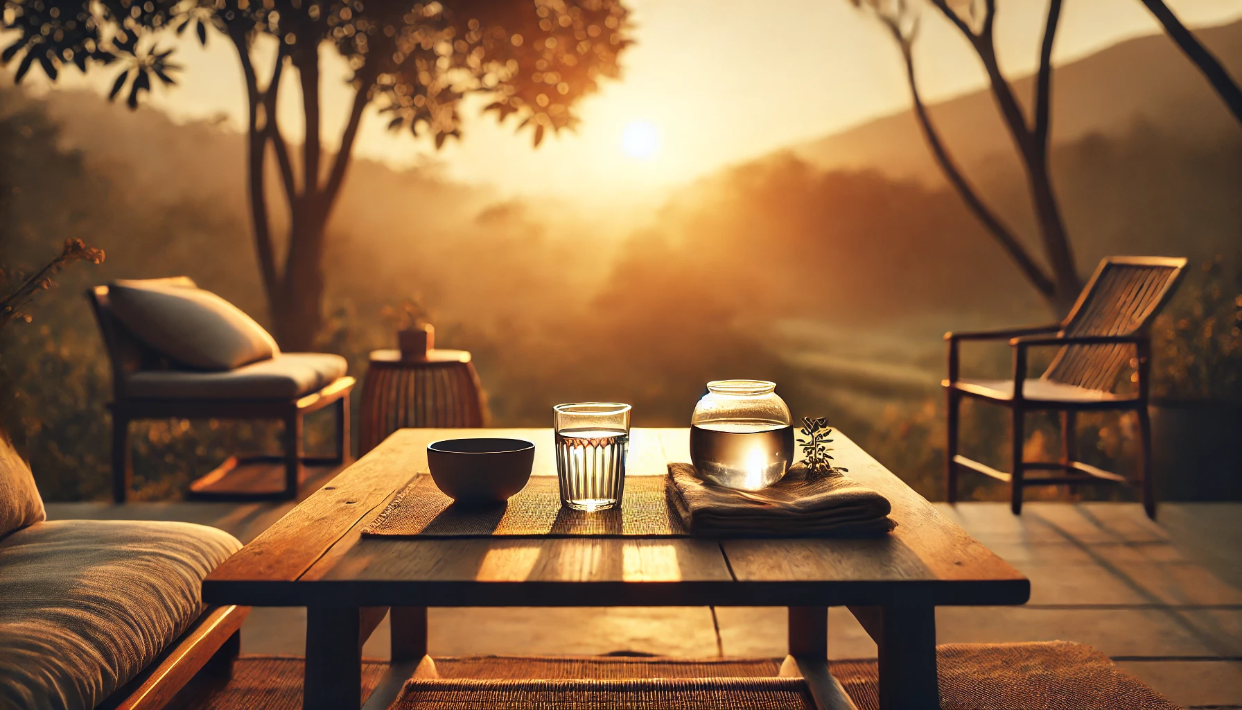 A serene outdoor table setting at sunrise, featuring a minimalistic wooden table with just a glass of water or herbal tea placed neatly on it. The bac