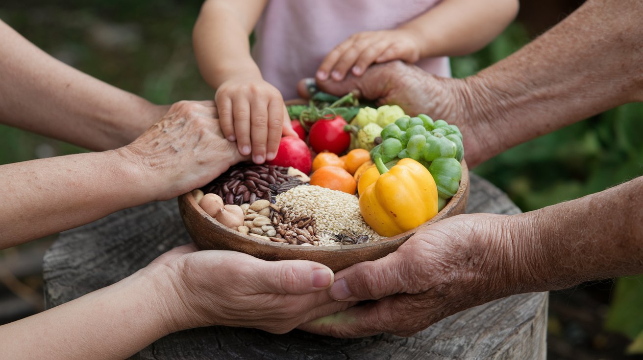 Hands of different generations (e.g., a child’s hand holding an elder’s) cradling a bowl of fresh produce, seeds and grains. This represents healing relationships with ancestors, sustainability, and food as a unifying element.